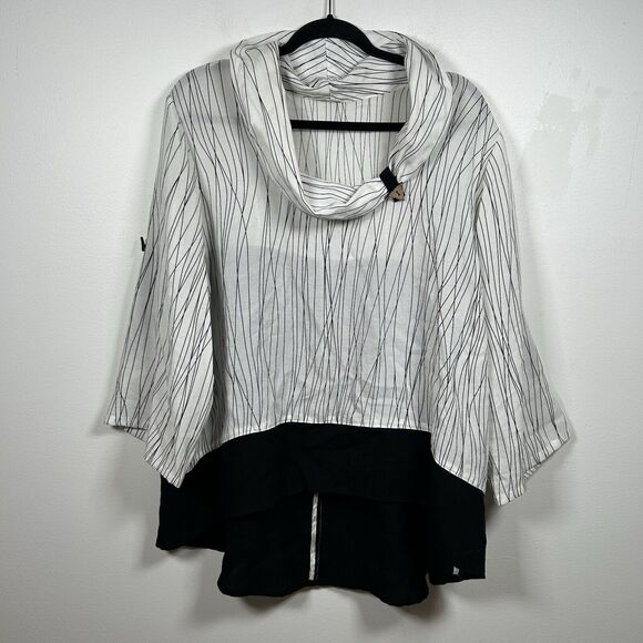 Fridaze Linen Tops - Fridaze Linen Black White Cowl Neck 3/4 Sleeve Tunic Blouse Top Sz 0X Lagenlook